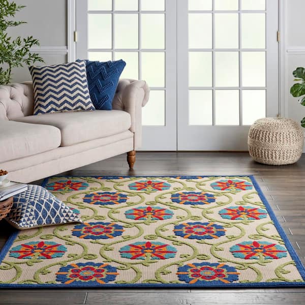 Aloha Blue/Multicolor 6 ft. x 9 ft. Floral Modern Indoor/Outdoor Patio Area Rug