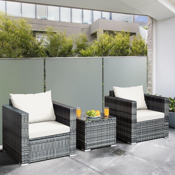 3-Piece Rattan Patio Conversation Furniture Set Outdoor Yard with White Cushion