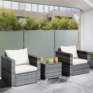 3-Piece Rattan Patio Conversation Furniture Set Outdoor Yard with White Cushion