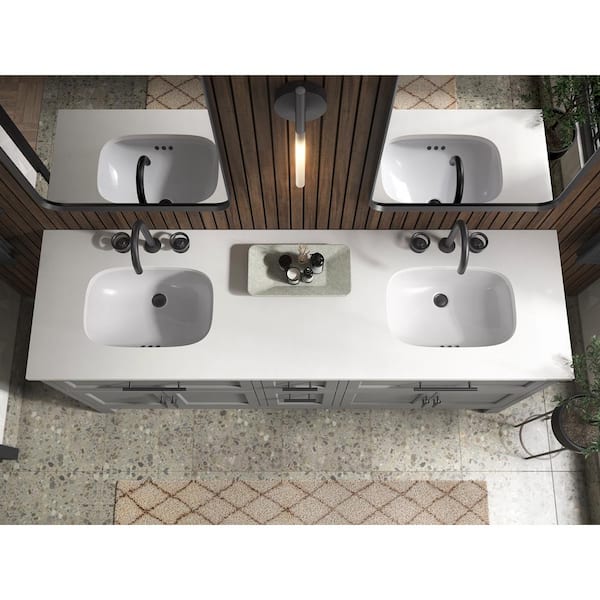 Quo 73in. Double Sink Freestanding Mohair Grey Bath Vanity with White Quartz Top Assembled