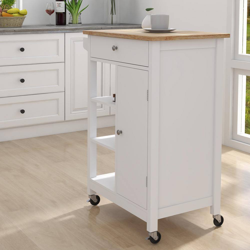 White Kitchen Island Rolling Trolley Cart with Towel Rack Rubber Wood