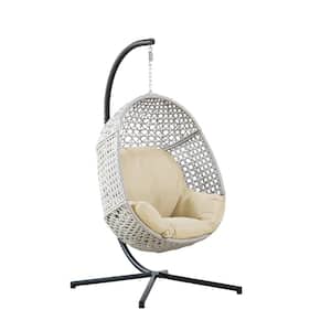 Beige Metal Large Patio Swing Hanging Egg Chair with Light Brown Cushion and C-Stand