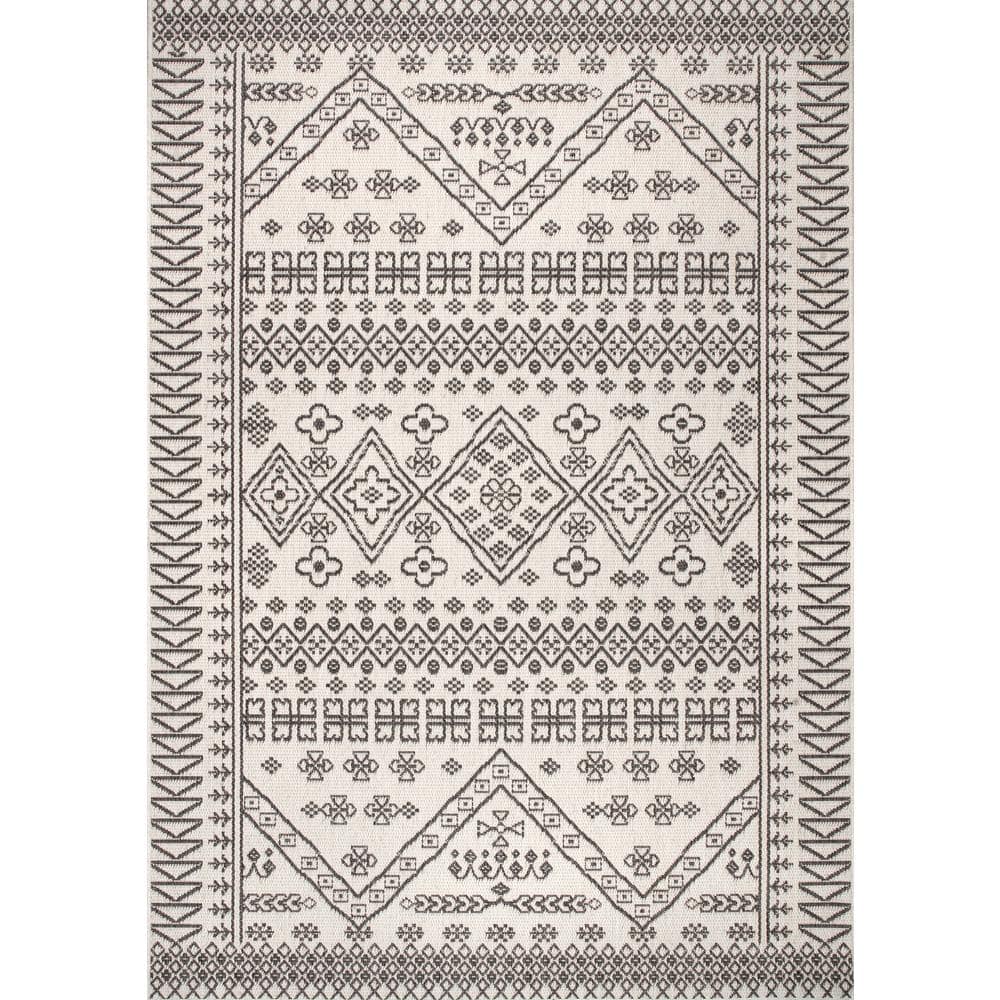 Ivory and Gray Bohemian Synthetic Outdoor Area Rug