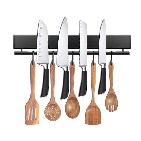 Numhew 5-Knife 12 in. Stainless Steel Magnetic Knife Holder with 5 Hooks, Black Knife Magnetic Strip, Magnetic Knife Bar