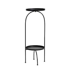 28 in. Black Sleek Round Metal Indoor Plant Stand with 2-Shelves
