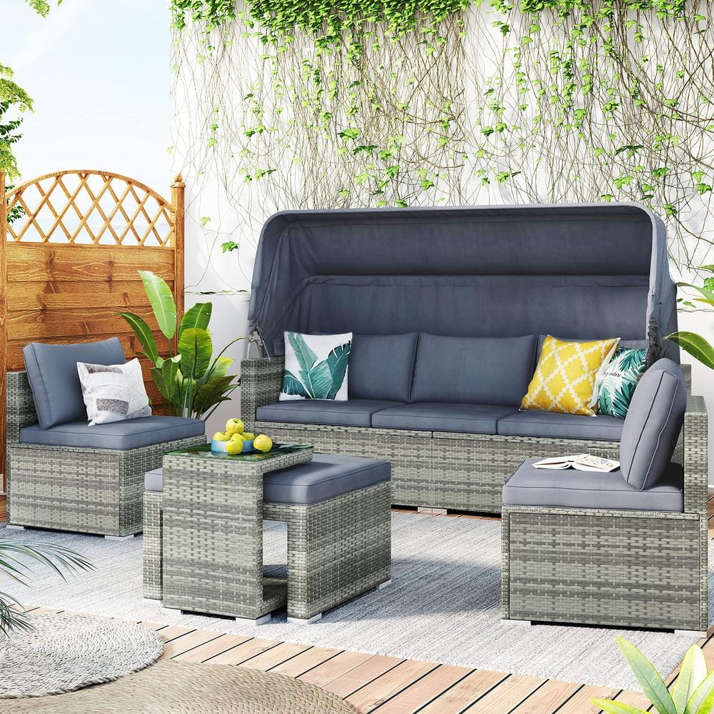 5-Pieces Outdoor Sectional Sofa Set Patio Rattan Daybed with Retractable Ca