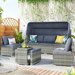 5-Pieces Outdoor Sectional Sofa Set Patio Rattan Daybed with Retractable Canopy and Gray Cushions PE Wicker Conversation