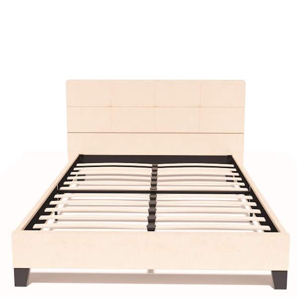 Unbranded Upholstered Linen Beige Metal Frame Full Platform Bed with Tufted Square Stitched Headboard and Wood Slats