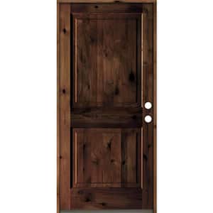 36 in. x 80 in. Rustic Knotty Alder Square Top Red Mahogony Stain Left-Hand Inswing Wood Single Prehung Front Door