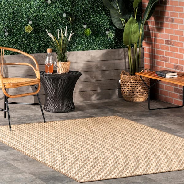 Camryn Abstract Herringbone Beige 9 ft. 6 in. x 12 ft. Indoor/Outdoor Patio Area Rug