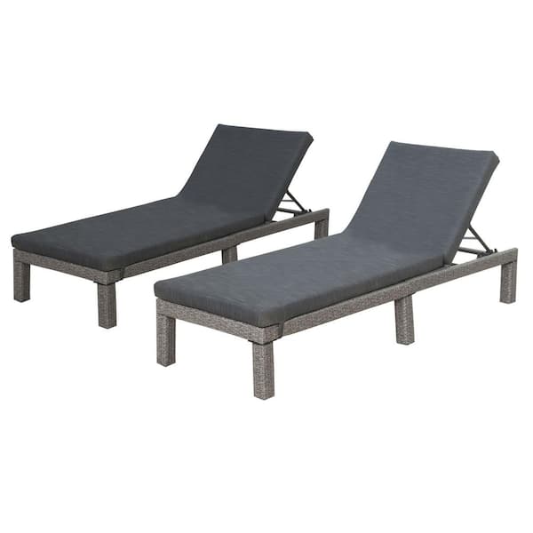 Noble House Fernanda Mixed Black 2-Piece Faux Rattan Outdoor Patio Chaise Lounge with Dark Grey Cushions