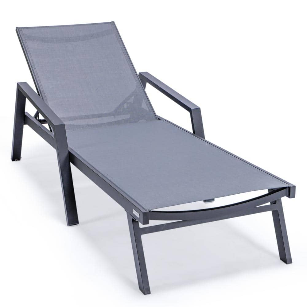 Dark Gray Aluminum Patio Chaise Lounge Chair with Arms and Cushions