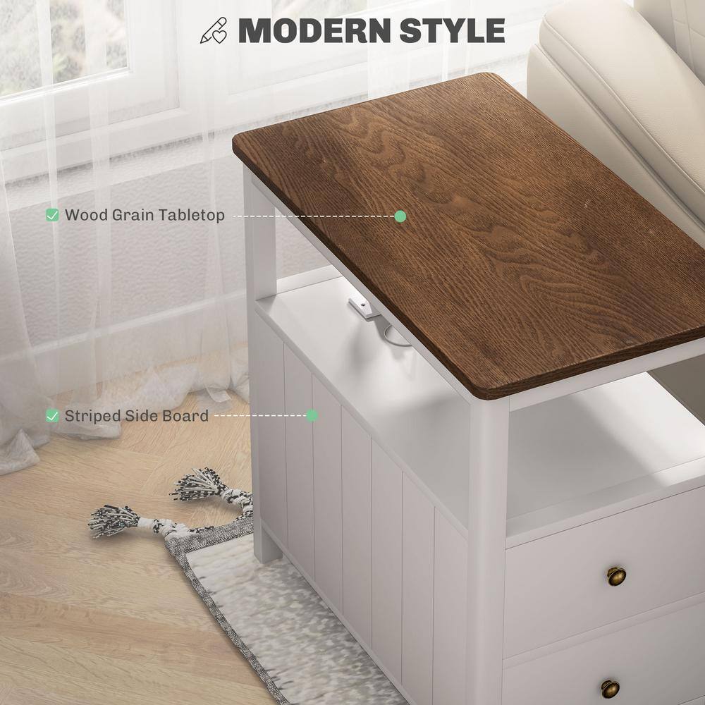 White and Brown Wood End Table with Charging Station and Storage