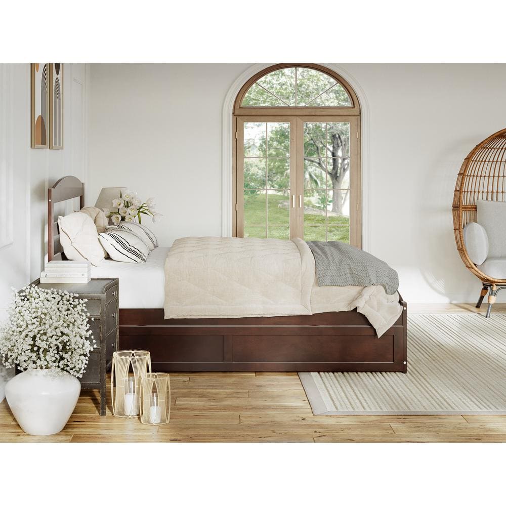Walnut Full Platform Bed with Trundle and Slatted Headboard