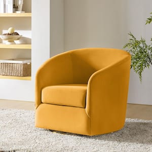 Estefan Mustard Comfy Velvet Swivel Barrel Chair with Metal Base
