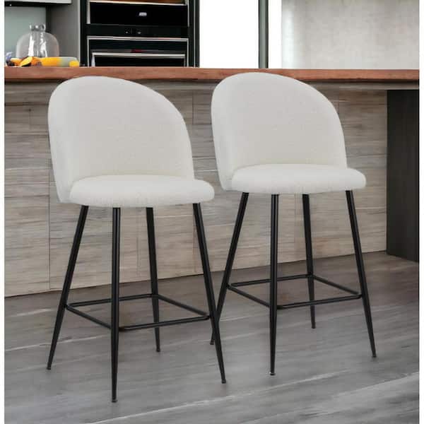 26 in. White Low Back Metal Counter Height Bar Chair with Fabric Seat Set of 2