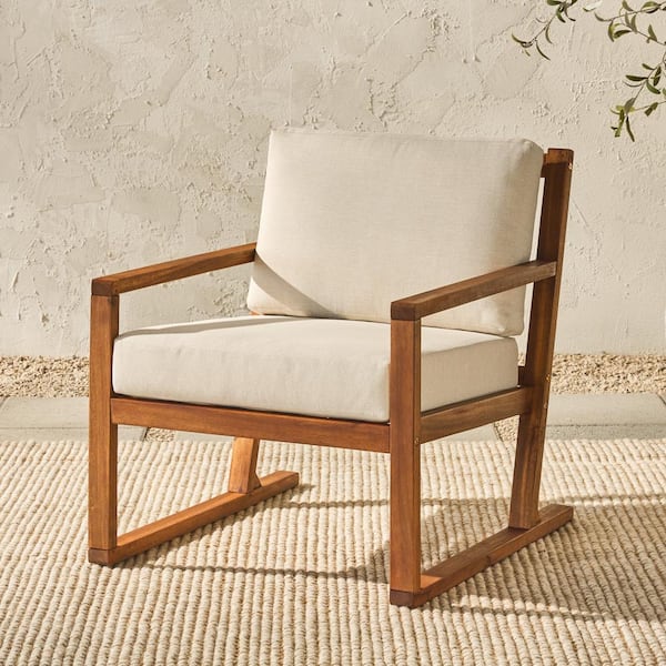 Brown Slatted Wood Modern Outdoor Lounge Chair with Bisque Cushions