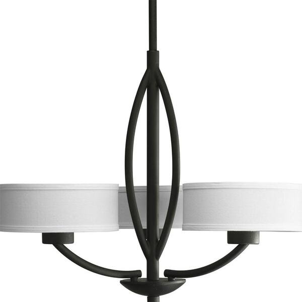 Progress Lighting Calven Collection 3-Light Forged Black Chandelier with White Linen Shade