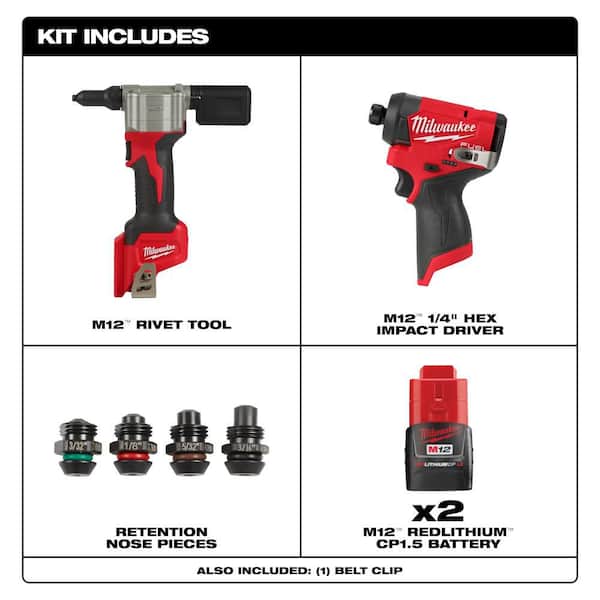 M12 12-Volt Lithium-Ion Cordless Rivet Tool Kit with Impact Driver, (2) 1. 5Ah Batteries and Charger