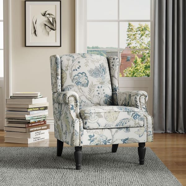 Uixe Retro Plants Blue Linen Nailhead Trim Upholstered High Back