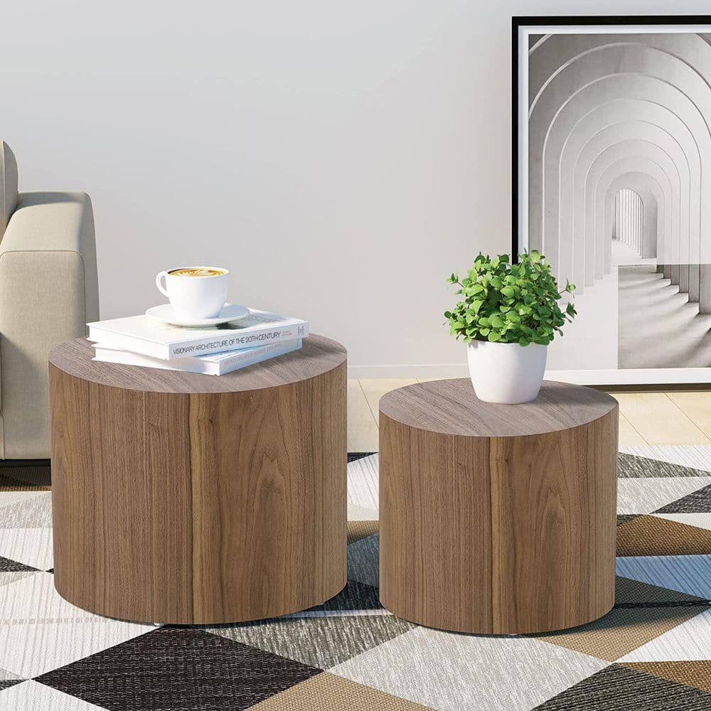 Walnut Round Wood Nesting Coffee Table Set of 2