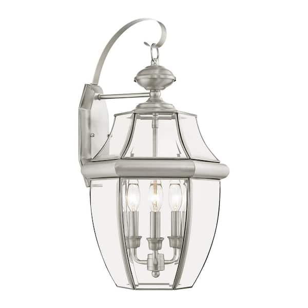 AVIANCE LIGHTING Aston 22.5 in. 3-Light Brushed Nickel Outdoor Hardwired Wall Lantern Sconce with No Bulbs Included