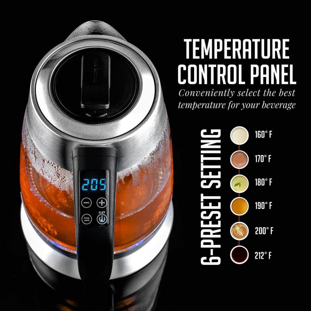 1.8L Silver Glass Electric Kettle with Stainless Steel Infuser