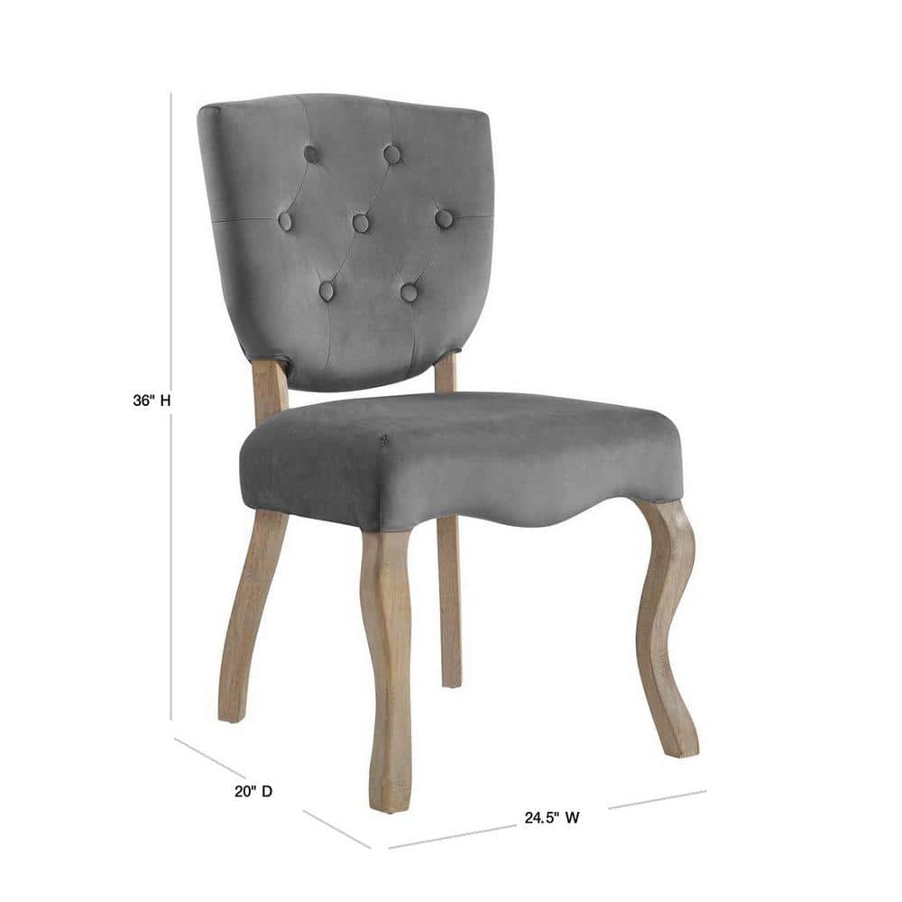 Elegant Gray Velvet Upholstered Side Chair with Weathered Wood Legs