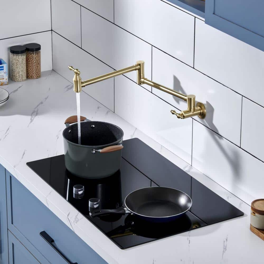 Brushed Gold Solid Brass Wall-Mounted Pot Filler Faucet