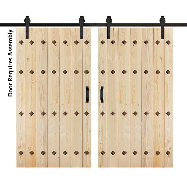 ISLIFE Mid-Century New Style 84 in. x 84 in. Unfinished Solid Wood Double Sliding Barn Door with Hardware Kit