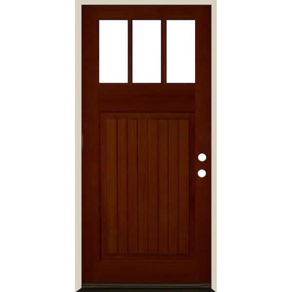 Krosswood Doors 36 in. x 80 in. Craftsman 3 Lite V Groove Red Chestnut Stain Left-Hand/Inswing Hemlock Prehung Front Door