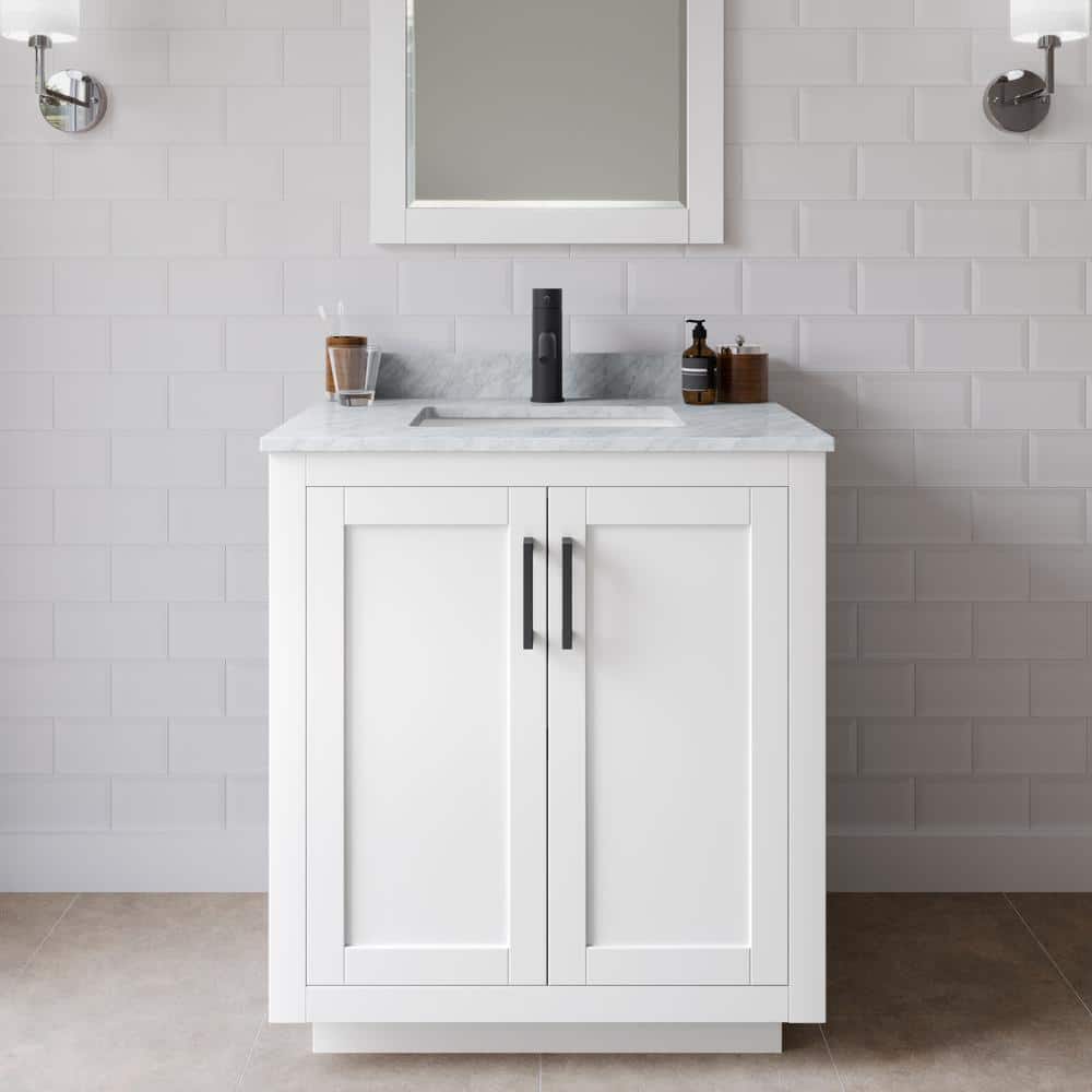 Miranda 30 in. W x 22 in. D x 33.75 in. H Single Sink Bath Vanity in White with White Carrara Marble Top and Mirror price history on PriceWatchPro