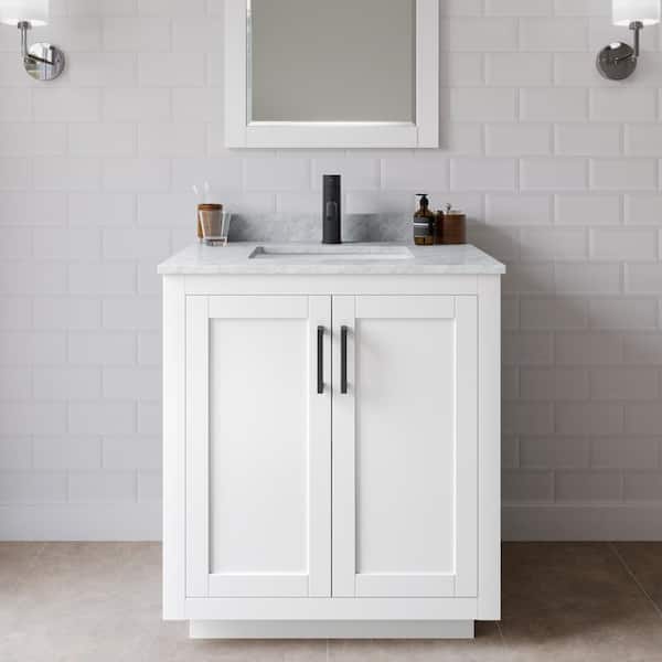Wyndham Collection Miranda 30 in. W x 22 in. D x 33.75 in. H Single Sink Bath Vanity in White with White Carrara Marble Top and Mirror