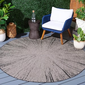 Courtyard Beige/Black 7 ft. Round Floral Abstract Indoor/Outdoor Area Rug