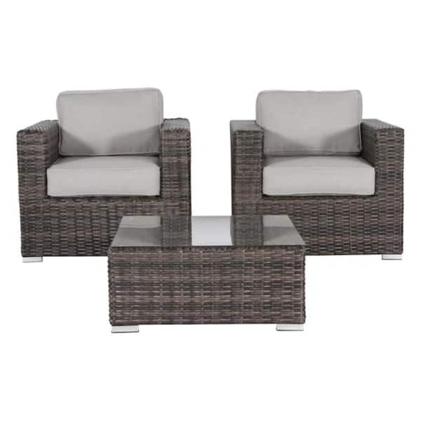 3-Piece Wicker Patio Conversation Set Coffee Table with Tempered Glass Top and Aluminum Frame in Sunbrella Gray Cushions