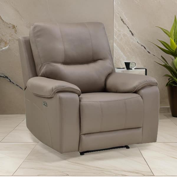 Benjara Taupe Gray Microfiber Power Recliner with USB Port and Solid Wood