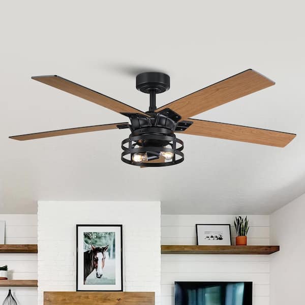 IHOMEadore 52 in. Indoor Industrial Black Reversible 5-Blade Ceiling Fan with Remote Control and Light Kit