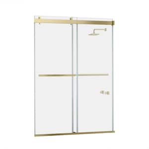 Spezia 64 in. W x 76 in. H Double Sliding Seimi-Frameless Shower Door in Brushed Gold with Clear Glass