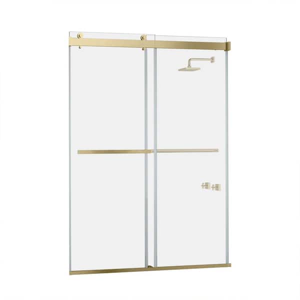 ROSWELL Spezia 64 in. W x 76 in. H Double Sliding Seimi-Frameless Shower Door in Brushed Gold with Clear Glass