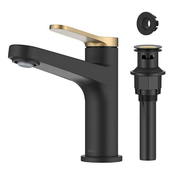 KRAUS Indy Single Handle Bathroom Faucet in Spot-Free Brushed Brass/Matte Black with Pop Up Drain and Supply Lines