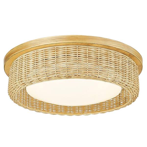 ZACHVO 15 in. 18-Watt Modern Wood Grain Paint Boho Rattan Dimmable Integrated LED Flush Mount Ceiling Light