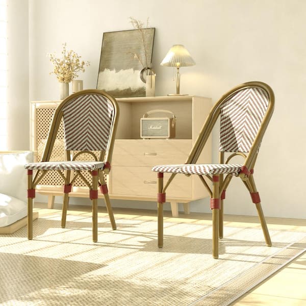 JOYSIDE Outdoor French Wicker Aluminum Patio Armless Dining Chair in Red and White (2-Pack)