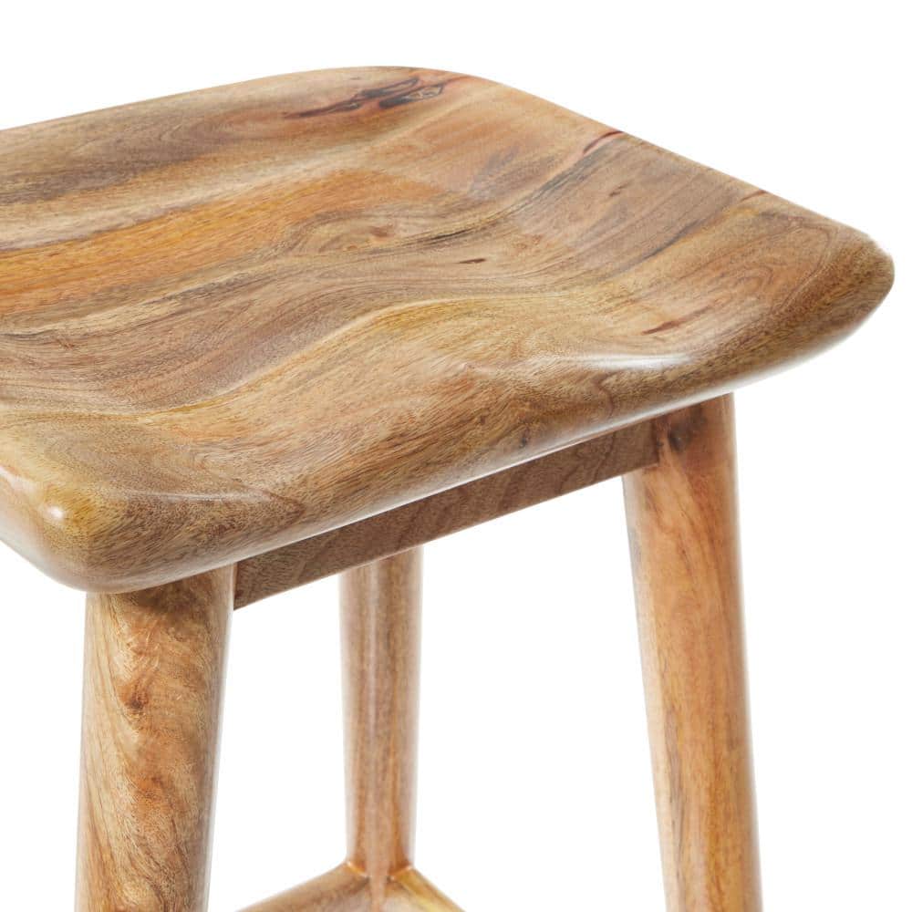 Natural Brown Solid Wood Backless Saddle Counter Stool