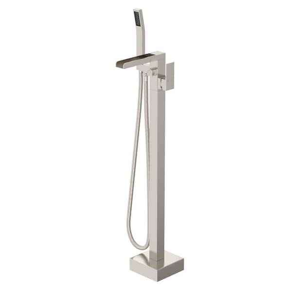 LORDEAR Single Handle Waterfall Bathtub Faucet Floor Mount Tub Filler with Hand Shower in Brused Nickel