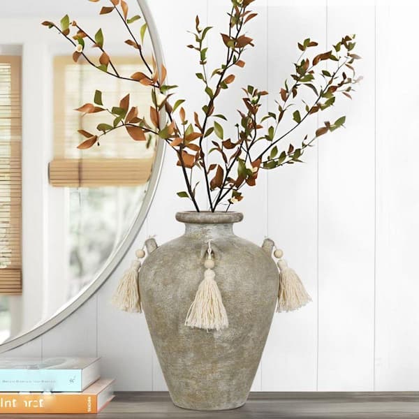 9 in. Gray Ceramic Round Terracotta Vintage Flower Decorative Vase