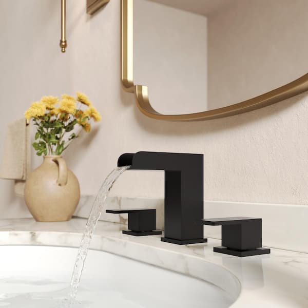 Waterfall Spout 8 in. Widespread Double Handle Bathroom Faucet 1.0 GPM in Matte Black Valve Included Stainless Steel