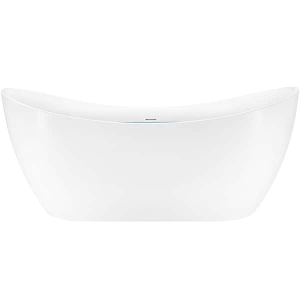 60 in. Acrylic Flatbottom Oval Freestanding Soaking Tub Non-Whirlpool Double-Slipper Bathtub in Gloss White
