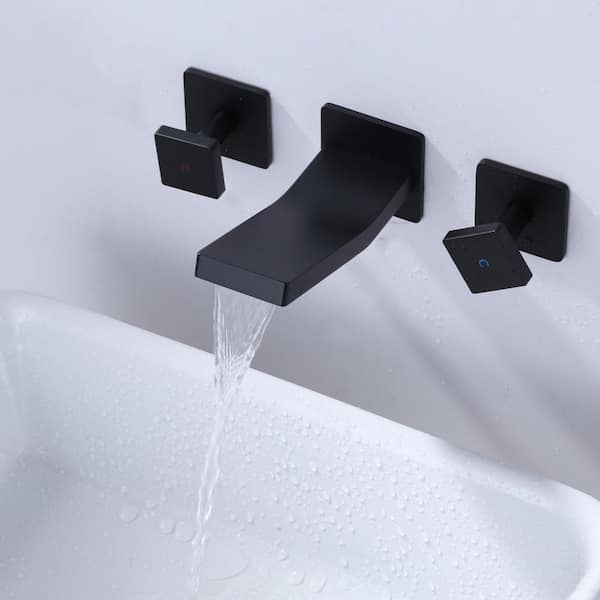 Double Handle Wall Mounted Bathroom Vessel Sink Faucet with Brass Valve and Waterfall Spout in Matte Black