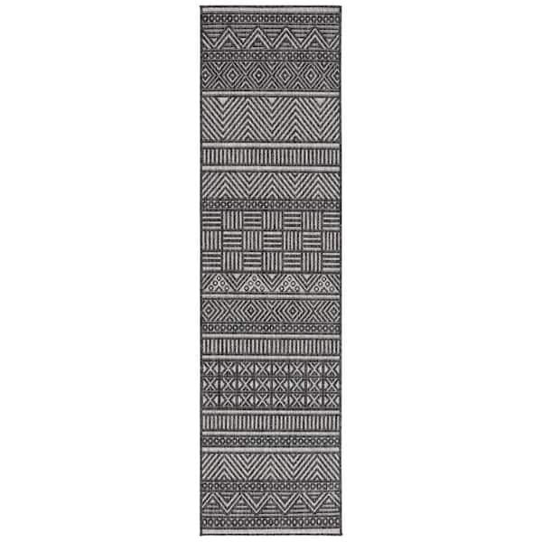 Beach House Charcoal/Gray 2 ft. x 8 ft. Geometric Striped Indoor/Outdoor Runner Rug