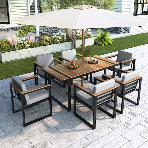 wayofatry Black 7-Piece Metal Outdoor Dining Set with Patio Dining Table, 6 Chairs and Gray Cushions for Garden in Brown